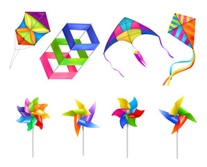 Sticker - Realistic Kite Wind Mill Toy Icon Set