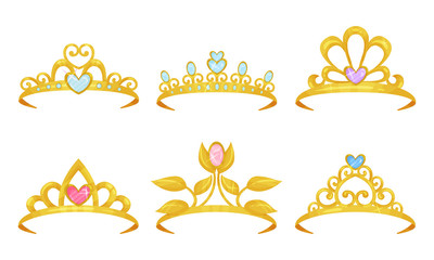 Wall Mural - Golden Tiaras With Gemstones Vector Isolated On White Background Set