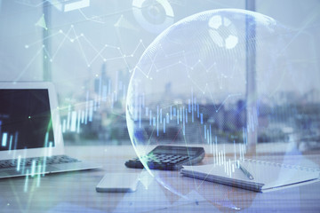 Fototapete - Forex Chart hologram on table with computer background. Multi exposure. Concept of financial markets.