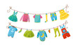 Baby Clothing Drying On Clothesline Vector Illustrations Set