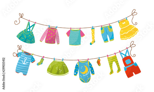 Cuadros en Lienzo Baby Clothing Drying On Clothesline Vector Illustrations Set