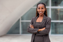 Cheerful Smiling Businesswoman Portrait, Happy African American Corporate Executive At Work