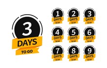 Countdown Banners. One, Two, Three, Four, Five, Six, Seven, Eight, Nine Of Days Left To Go. Count Time Sale. Flat Badges, Stickers, Tag, Label. Number 1, 2, 3, 4, 5, 6, 7, 8, 9 Of Days Left To Go.