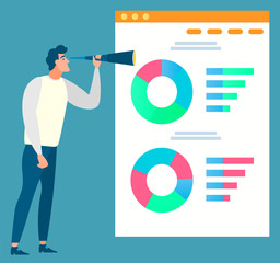 Man with lens researching, board with colorful diagram. Data analysis, graph report, business success, employee character with loupe, technology. Vector illustration in flat cartoon style