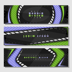 Wall Mural - Vector set of horizontal futuristic Banners, 3 layouts for website headers with geometric abstract pattern and copy space for advertising text, design templates with dark background for presentation.