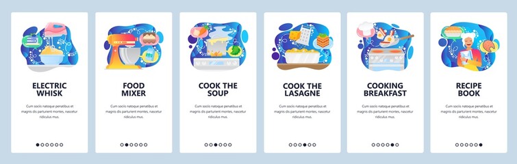 Mobile app onboarding screens. Cooking breakfast meal, food mixer, stove, recipe book, cook soup. Menu vector banner template for website and mobile development. Web site design flat illustration
