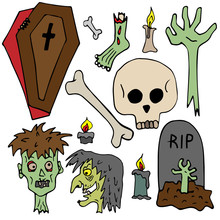 Hand Drawn Figure Set Halloween For Design On To White Background. Creepy Pictures. The Dead. Zombie Body Parts Pictures For Decoration. Set Of Vector Pictures. Happy Halloween Decoration Design.