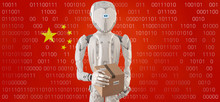 Robot With Package In Front Of The Flag Of China, Artificial Intelligence 3d Illustration