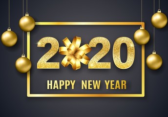 Wall Mural - 2020 Happy New Year background with golden gift bow for holiday greeting card, invitation, party flyer, poster, banner. Gold ball, confetti on black background. Christmas celebrate design