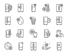 Fridge Line Icons. Refrigerator, Freezer Storage, Smart Fridge Machine. Water With Ice, Cooler Box, Thermometer Icons. Wi-fi Remote Access, Thermostat Timer, Smart Freezer. Vector
