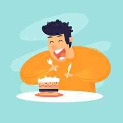 Dessert. Man eating a cake, sweet. Flat design vector illustration.