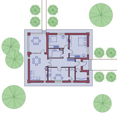 Architectural floor plan of a house. The drawing of the cottage. One-storey building on the land. Vector illustration