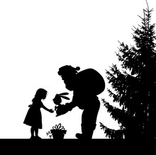The Silhouette Of Santa Claus Gives A Gift To The Girl. Vector Illustration