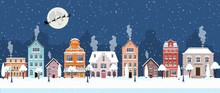 Happy New Year And Merry Christmas Winter Old Town Street. Christmas Town City Panorama. Santa Claus With Deers In Sky Above The City. Vector Illustration In Flat Style