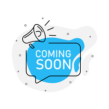Coming Soon Of Marketing Design Badge With Loudspeaker Blue Color. Vector Illustration On White Background.