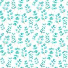 Wall Mural - Eucalyptus hand painted watercolor seamless pattern on white background. Perfect for fabric, christmas wrapping papper, covers design, wedding stationary, greetings, wallpaper. 