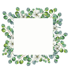 Wall Mural - Watercolor floral illustration with eucalyptus green leaves and jasmine flowers on white background. Hand painted frame for wedding invitation, save the date or greeting design.