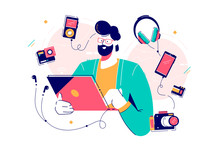 Male Character Surrounded With Gadgets Flat Design