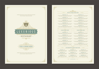 Wall Mural - Menu design template with cover and restaurant vintage logo vector brochure.