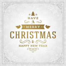 Merry Christmas And Happy New Year Text Greeting Card Vintage Typographic Design, Ornate Decoration With Tree Symbol
