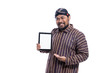 © Odua Images - portrait of male with javanese traditional cloth lurik showing blank space on tablet screen