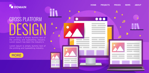 Bright illustration for design Landing page. concept cross platform design. Vector icons electronic devices. smartphone, tablet, laptop and desktop computer on ultraviolet background.