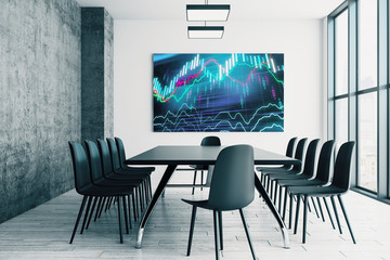 Wall Mural - Conference room interior with financial chart on screen monitor on the wall. Stock market analysis concept. 3d rendering.