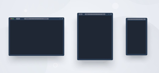 Wall Mural - browser mockup set web, mobile and tablet size in dark theme. template for website, internet page, f