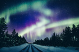 Colorful polar arctic Northern lights Aurora Borealis activity in snow winter forest in Finland