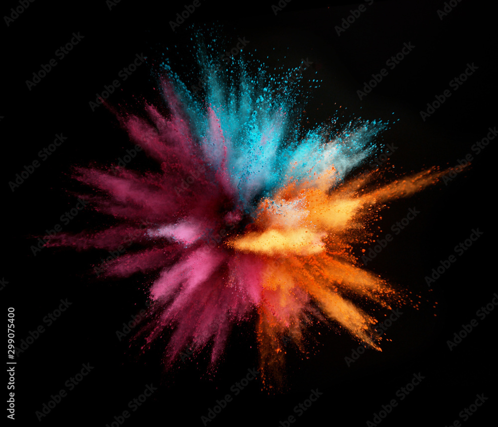 Explosion of colored powder isolated on black background - obrazy, fototapety, plakaty 