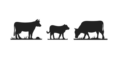 Cows in different poses vector set. Silhouettes of grass. Cow grazing on meadow.