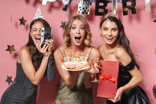 Image Of Excited Party Girls Holding Birthday Cake And Gift Box
