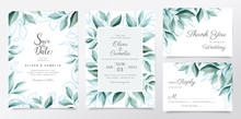 Blue Wedding Invitation Card Template Set With Watercolor Leaves Border. Elegant Botanic Decoration Background Of Blue Floral For Invites, Greeting, Save The Date Vector