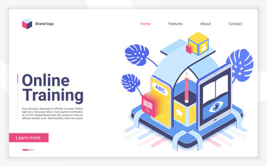 Wall Mural - Online training vector isometric landing page template. E learning website homepage interface layout. Distant education. Internet courses. Remote studying web banner, webpage 3D concept