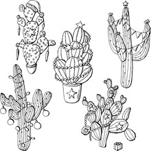Hand-drawn Illustration Of A New Year's Cactus. Elegant Cactus In The Form Of A Christmas Tree.