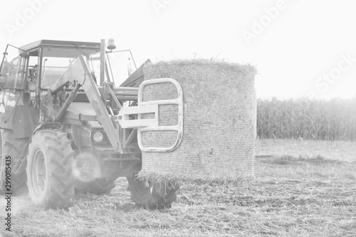Fotografía Black and white Photo of tractor with round hay bale