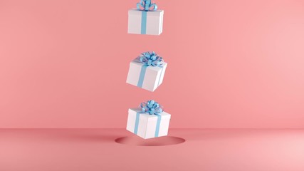 Sticker - White Giftbox with blue ribbon color floating on pink background. 3D animation.