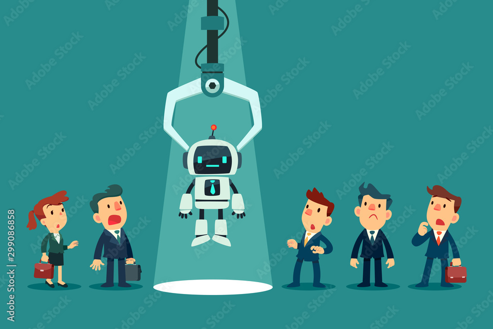 robotic claw choosing robot from a group of business people Stock ...