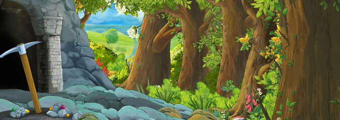 cartoon scene in the forest with hidden entrance to the old mine - illustration for children