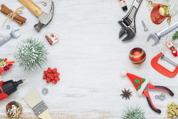 merry christmas and happy new years handy constrcution tools background concept. handy house fix diy
