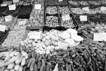 Sticker - Budapest food market. Black and white retro style.