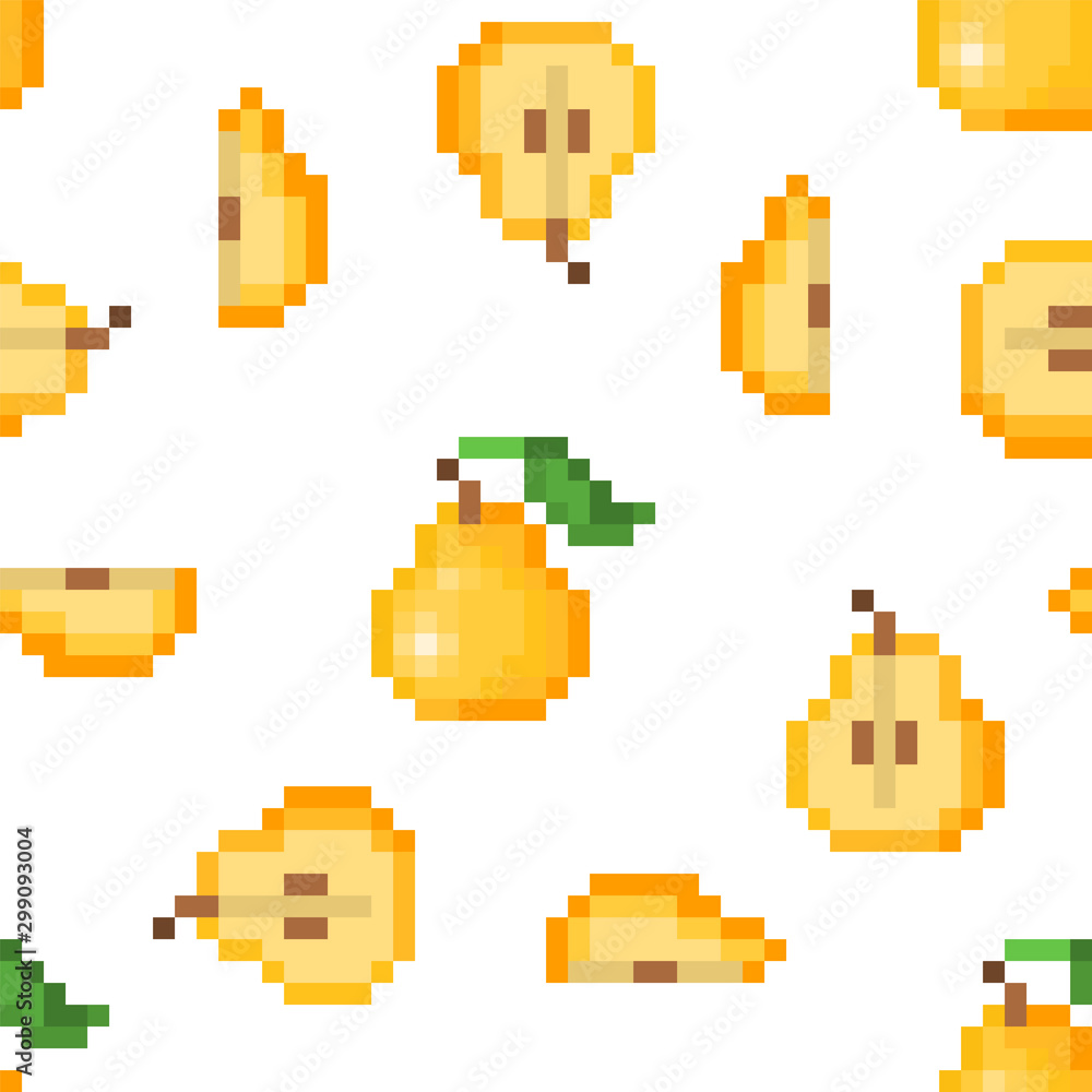 Seamless pattern with 8 bit pixel art yellow pears (uncut, cut in half ...