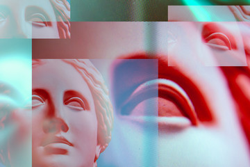 Contemporary art concept collage with antique statue head in a surreal style. Modern unusual art. Glitch effect, textured.