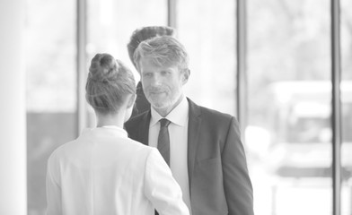 Wall Mural - Businessman discussing with young businesswoman at new office