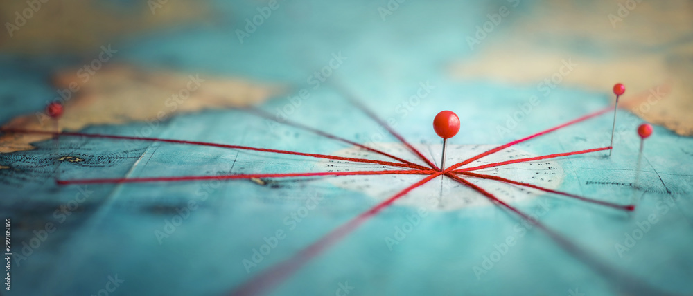 Find your way. Location marking with a pin on a map with routes. Adventure, discovery, navigation, communication, logistics, geography, transport and travel theme concept background. - obrazy, fototapety, plakaty 