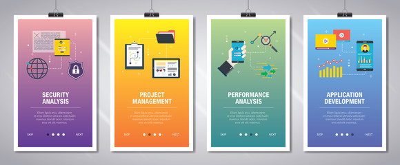 Internet banner set of security, project management, performance and application icons.