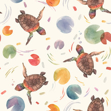Watercolor Vector Rainbow Small Baby Turtles Colourful Seamless Pattern