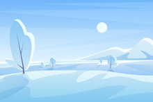Blue Winter Landscape Flat Vector Illustration. Scenic View With Snowy Field And Mountains Under Sky. Sunny Cold Day. Wintertime Outdoor Scene. Seasonal Nature Background With Snow