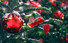 Fabulous Train Locomotive On Christmas Tree. Journey To Christmas. Xmas Toy Train, Red Ball, Festive Decor And Snowy Xmas Tree. Christmas, New Year Travel Concept. Winter Holiday Background.