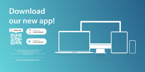 Leinwandbilder - Download page of the mobile app. Simple blank banner for your application on the screen of a smartphone tablet and computer. Mock up of device icon for download app. Download buttons